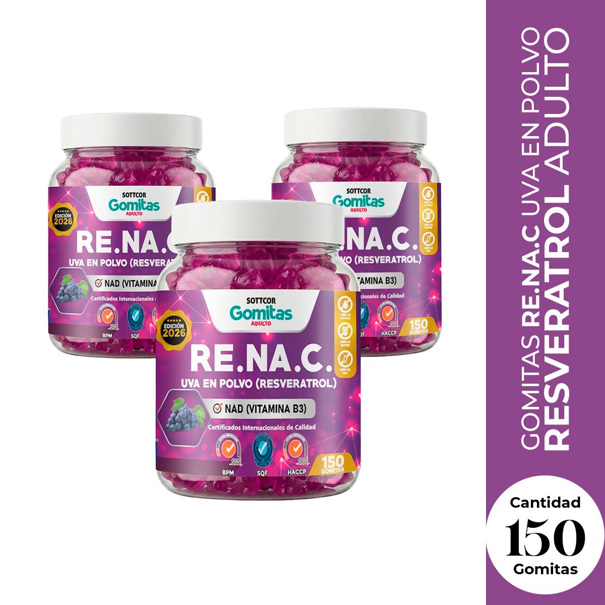 3 Gomitas RE.NA.C Uva en polvo Resveratrol Sottcor 150 Gomitas